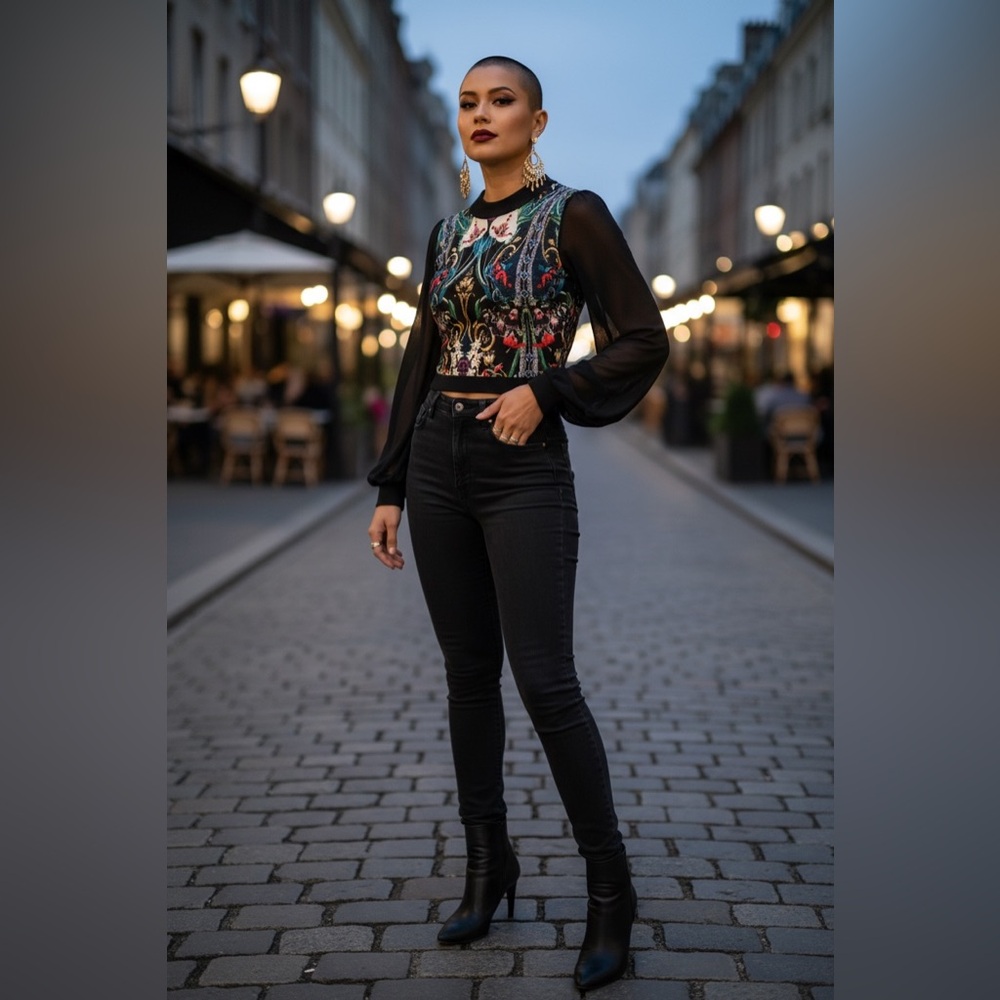 BEBE Chic Black Sheer Sleeve Top with Colorful Embroidery